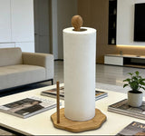 Bamboo Paper Towel Holder with Weighted Base – Freestanding Kitchen Roll Stand with Ball Top, One-Hand Tear