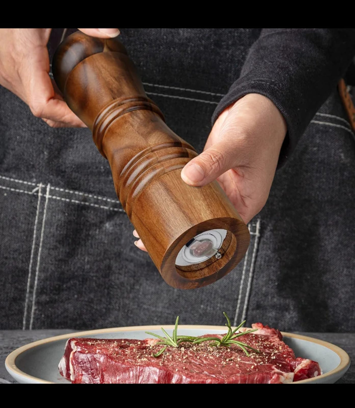 Acacia Wood Salt & Pepper Mill Set – Manual Grinder & Shaker Mills with Adjustable Metal Mechanism, Refillable