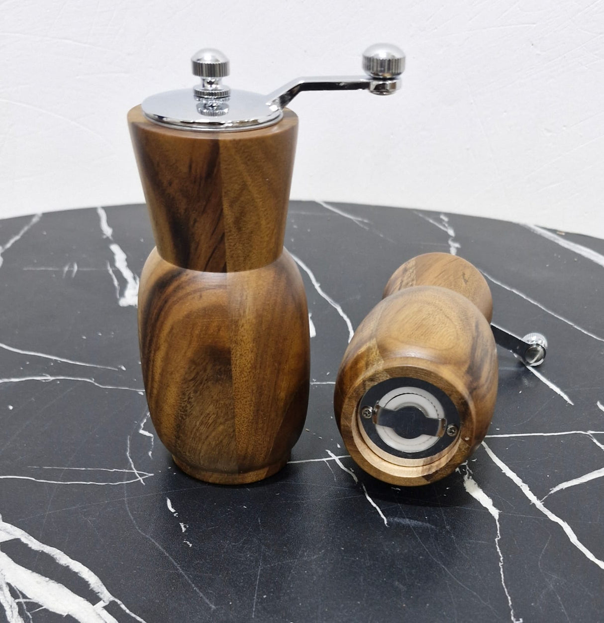 Acacia Salt & Pepper Grinder Set with Crank Handle – Manual Mill with Adjustable Steel Mechanism, Steel Top & Base