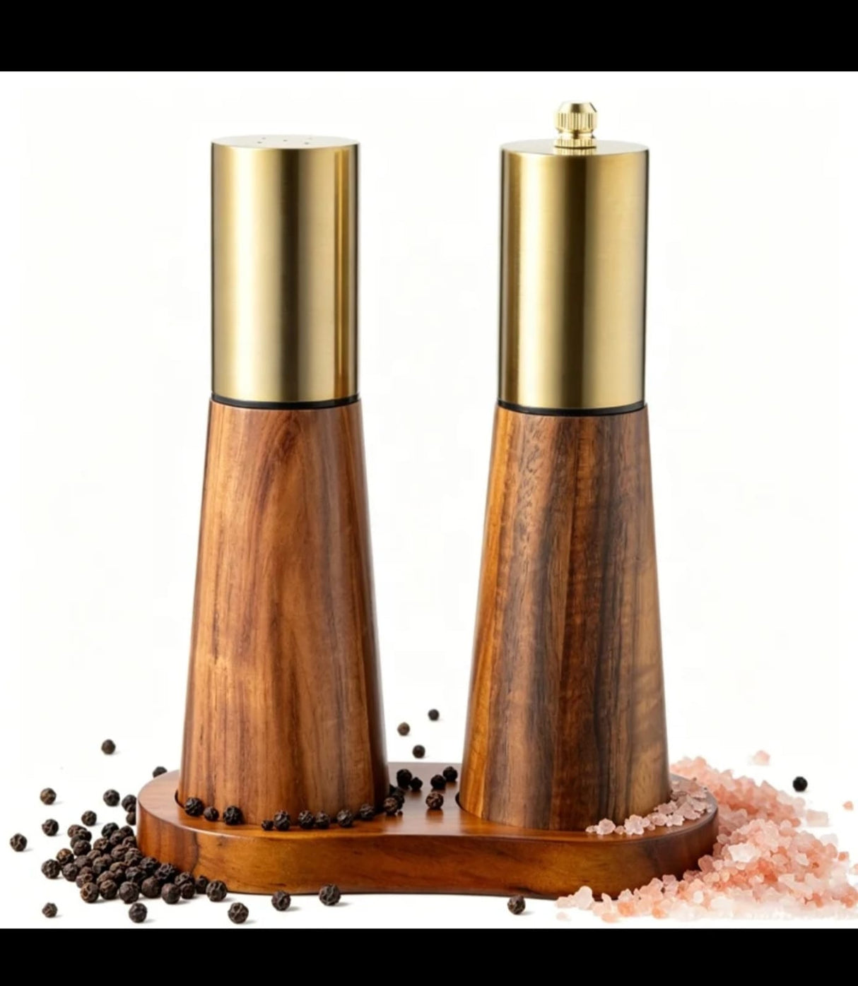 Bamboo Salt & Pepper Grinder Set with Wooden Tray – Elegant 3 in 1 Handheld Ceramic Core Mills, Stainless Steel Top