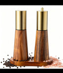 Bamboo Salt & Pepper Grinder Set with Wooden Tray – Elegant 3 in 1 Handheld Ceramic Core Mills, Stainless Steel Top