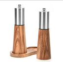 Bamboo Salt & Pepper Grinder Set with Wooden Tray – Elegant 3 in 1 Handheld Ceramic Core Mills, Stainless Steel Top