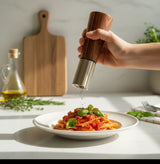 Bamboo Salt & Pepper Grinder Set with Wooden Tray – Elegant 3 in 1 Handheld Ceramic Core Mills, Stainless Steel Top