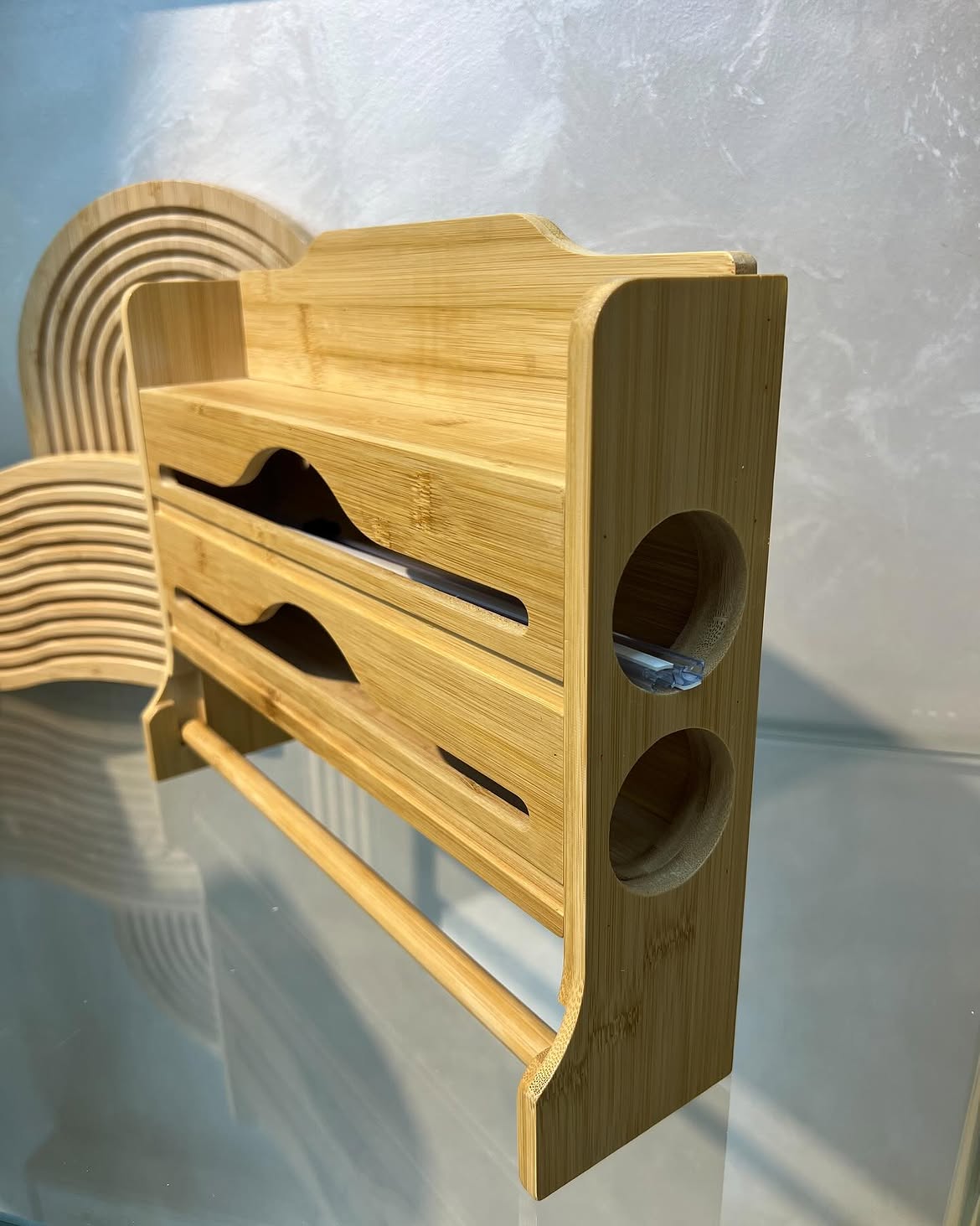Wall Mounted Bamboo Wrap Dispenser & Kitchen Organizer – 3 in 1 Cling Film, Foil & Paper Towel Holder with Sliding Cutters