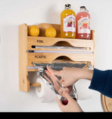 Wall Mounted Bamboo Wrap Dispenser & Kitchen Organizer – 3 in 1 Cling Film, Foil & Paper Towel Holder with Sliding Cutters