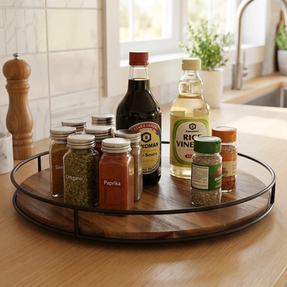 360° Rotating Lazy Susan Organizer with Iron Frame Edge – Spinning Turntable Spice Rack, Countertop, Pantry & Bathroom Caddy