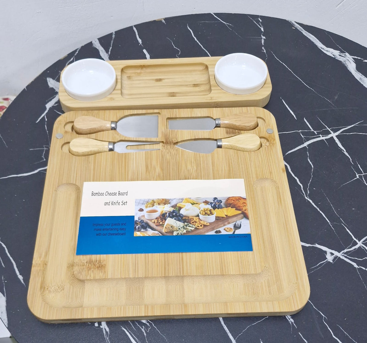 Luxury Bamboo Cheese Board & Cutlery Set with 2 Ceramic Dip Bowls – Charcuterie Serving Platter with Stainless Steel Knives
