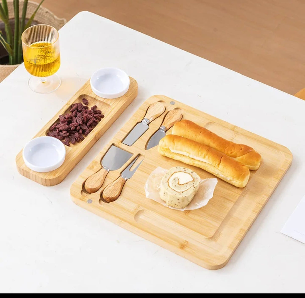 Luxury Bamboo Cheese Board & Cutlery Set with 2 Ceramic Dip Bowls – Charcuterie Serving Platter with Stainless Steel Knives