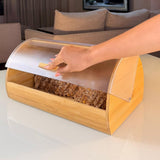 Bamboo Bread Bin & Bread Box with Roll-Top Frosted Clear Lid – Moisture-Absorbing Countertop Bread & Pastry Storage
