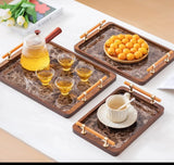 Bamboo Nesting Serving Trays with Grey Handles – Modern 3 Piece Tray Set with Raised Edges for Serving, Coffee Table & Vanity