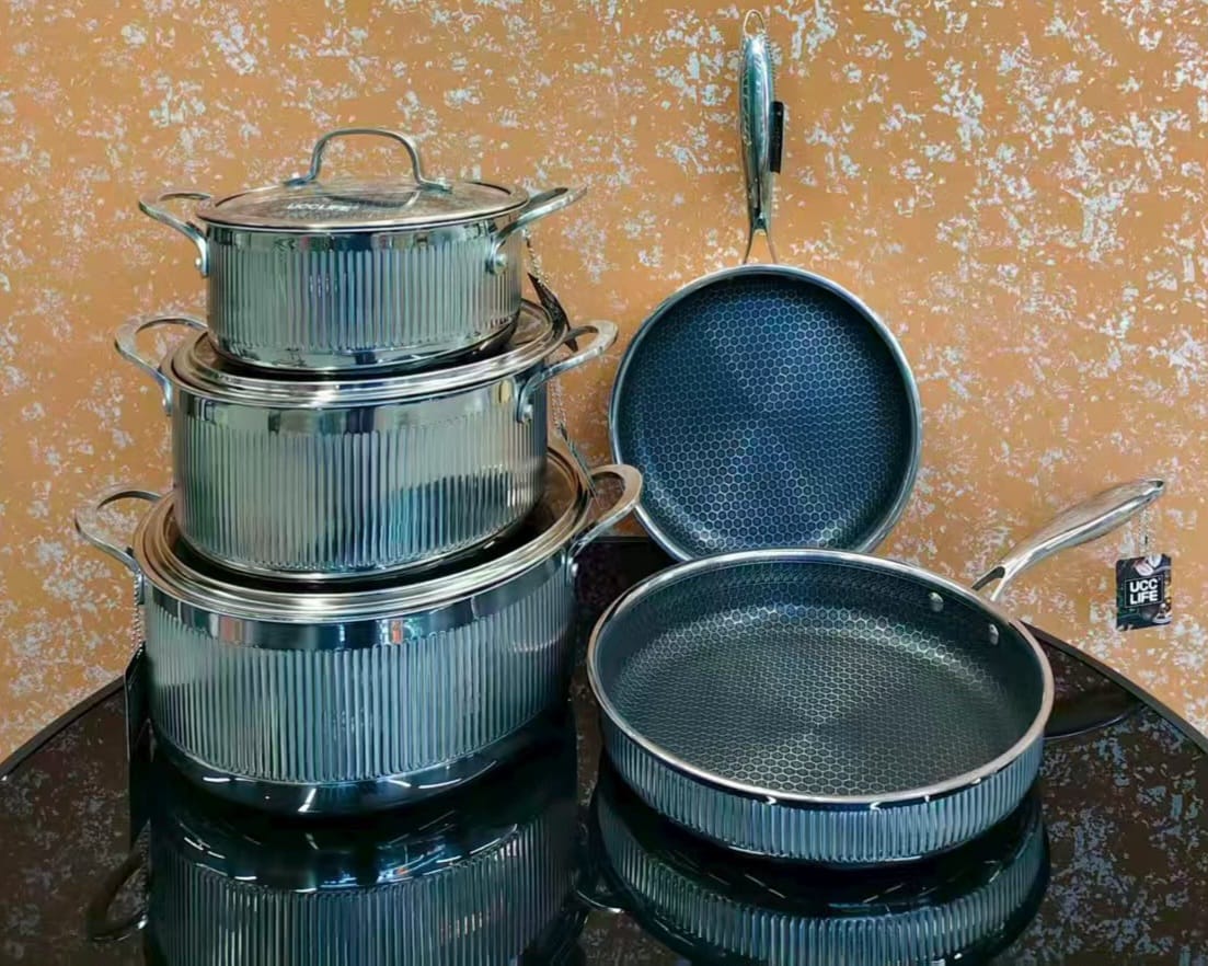 UccLife Triply Stainless Steel Cookware Set – 8 Piece Heavy Duty Ribbed Sufuria & Frying Pan Set with Lids, Induction Compatible