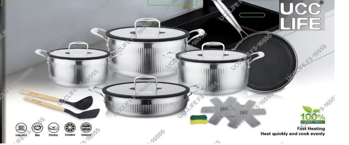 UccLife Triply Stainless Steel Cookware Set – 14 Piece Ribbed Sufuria & Frying Pan Set with Lids, Silicone Utensils & Pot Protector