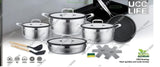 UccLife Triply Stainless Steel Cookware Set – 14 Piece Ribbed Sufuria & Frying Pan Set with Lids, Silicone Utensils & Pot Protector