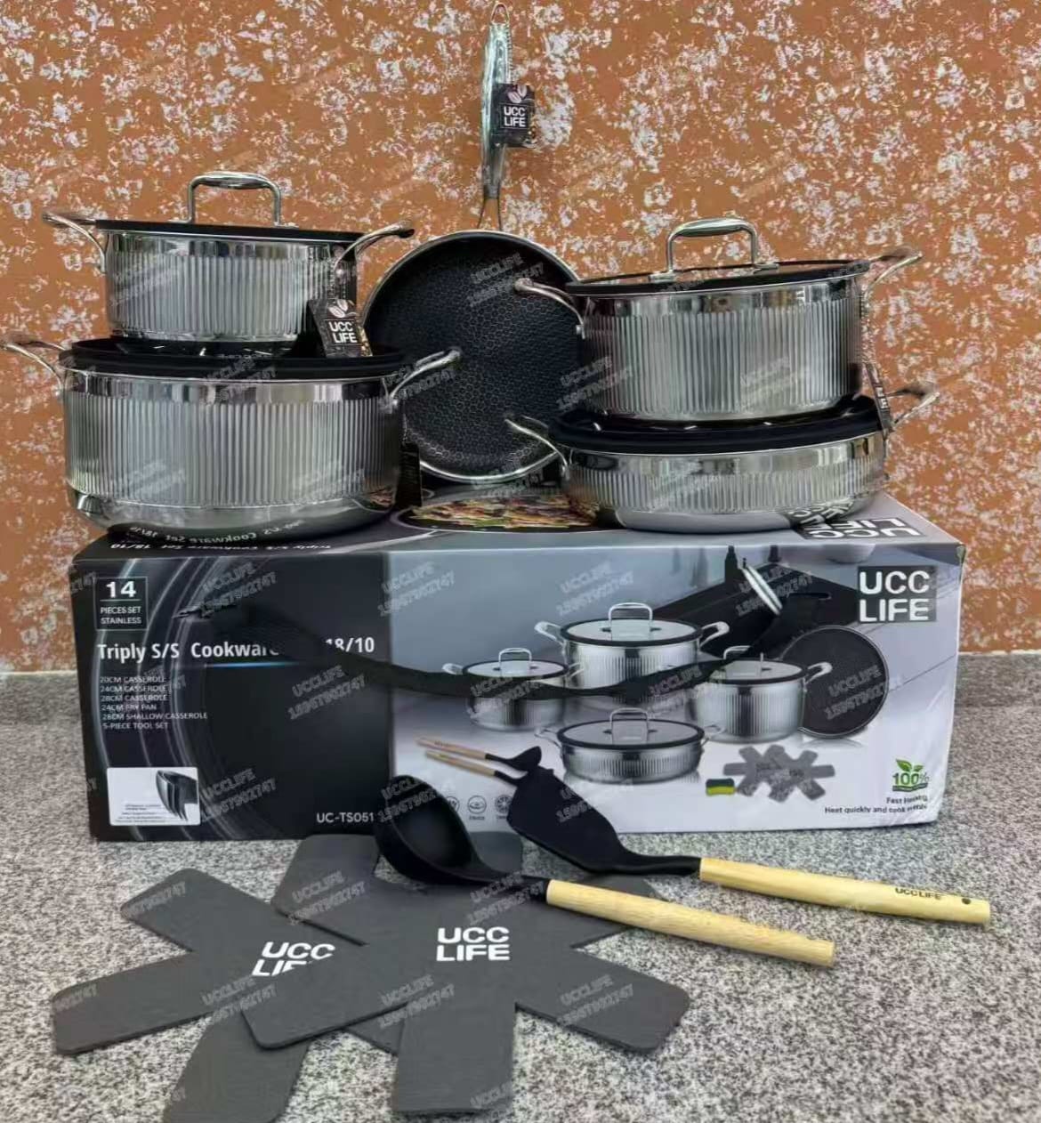 UccLife Triply Stainless Steel Cookware Set – 14 Piece Ribbed Sufuria & Frying Pan Set with Lids, Silicone Utensils & Pot Protector
