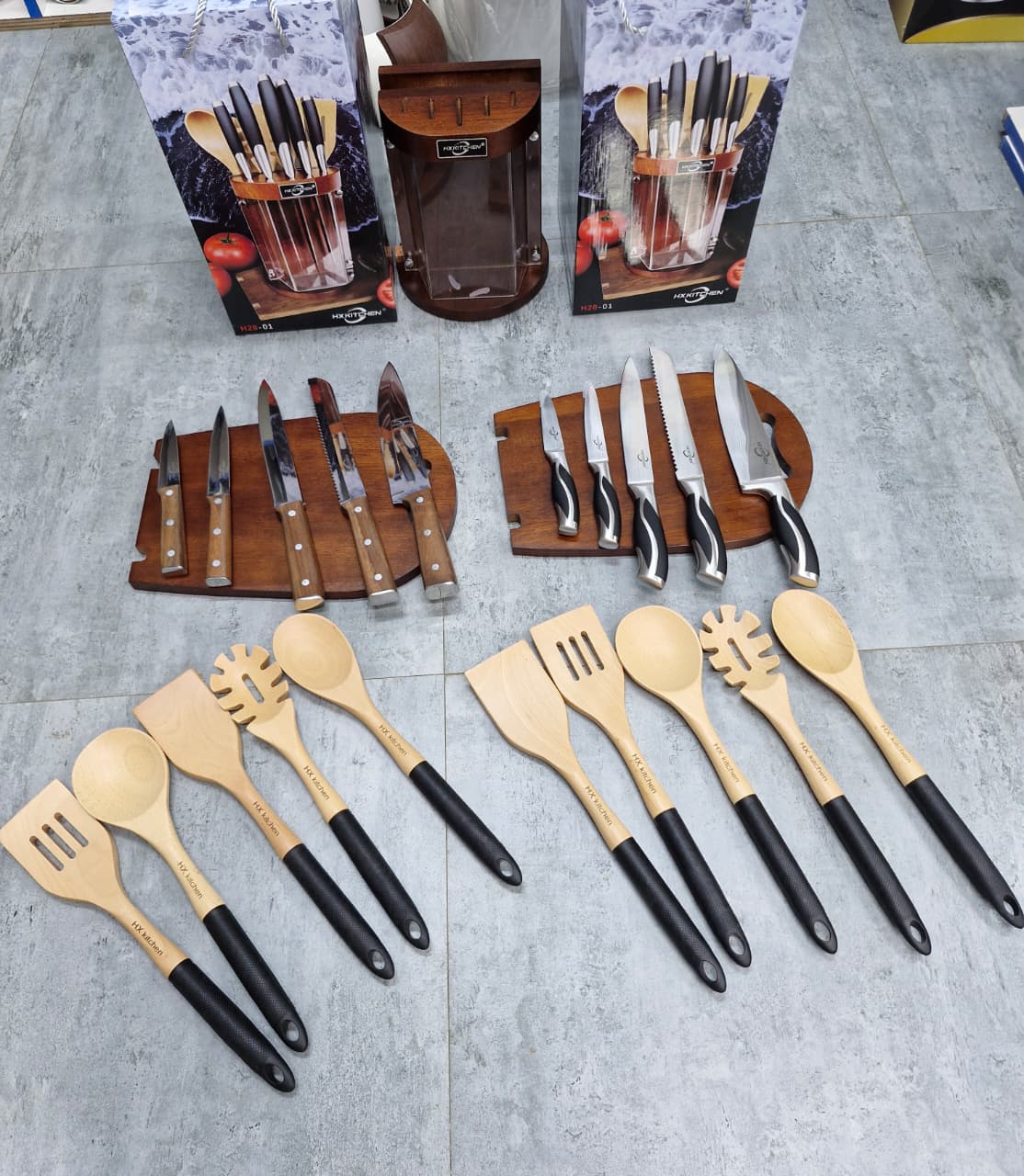 Premium 12 Piece Stainless Steel Kitchen Knife Set with Rotating Wooden & Acrylic Knife Block Holder Stand, 5pc Wooden Cooking Utensil Set & Chopping Cutting Board
