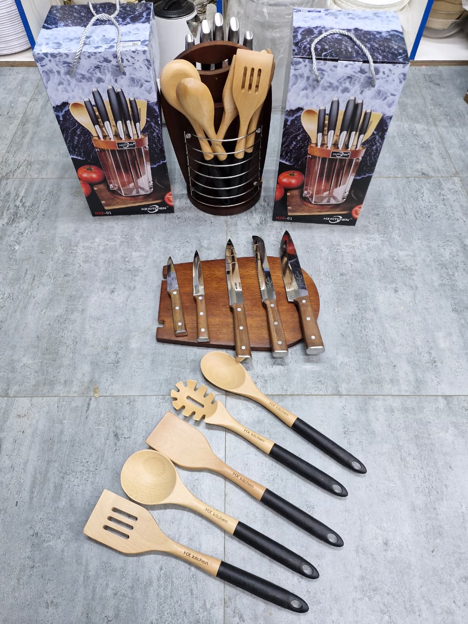 Premium 12 Piece Stainless Steel Kitchen Knife Set with Rotating Wooden & Acrylic Knife Block Holder Stand, 5pc Wooden Cooking Utensil Set & Chopping Cutting Board