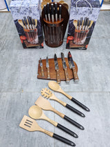 Premium 12 Piece Stainless Steel Kitchen Knife Set with Rotating Wooden & Acrylic Knife Block Holder Stand, 5pc Wooden Cooking Utensil Set & Chopping Cutting Board