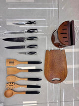 Premium 12 Piece Stainless Steel Kitchen Knife Set with Rotating Wooden & Acrylic Knife Block Holder Stand, 5pc Wooden Cooking Utensil Set & Chopping Cutting Board