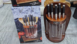 Premium 12 Piece Stainless Steel Kitchen Knife Set with Rotating Wooden & Acrylic Knife Block Holder Stand, 5pc Wooden Cooking Utensil Set & Chopping Cutting Board