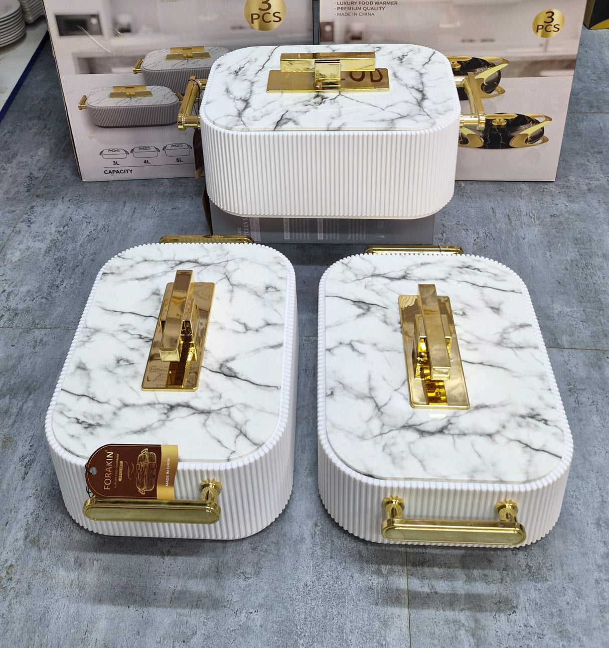 3pc Premium Ribbed Marble & Gold Insulated Hotpot Set – Double Wall Food Warmer 3L, 4L, 5L Kenya