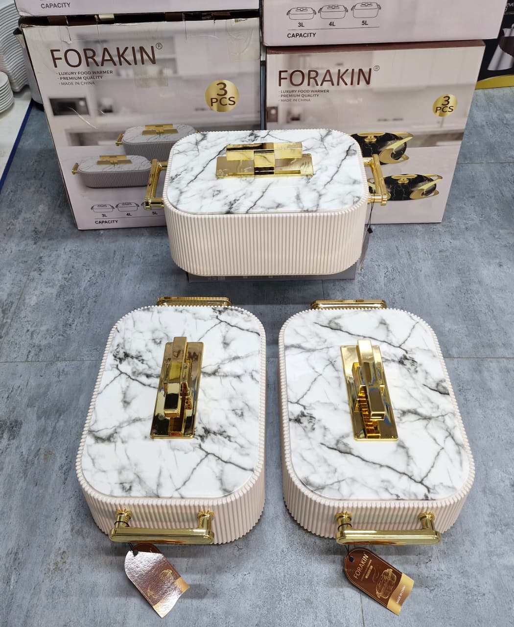 3pc Premium Ribbed Marble & Gold Insulated Hotpot Set – Double Wall Food Warmer 3L, 4L, 5L Kenya