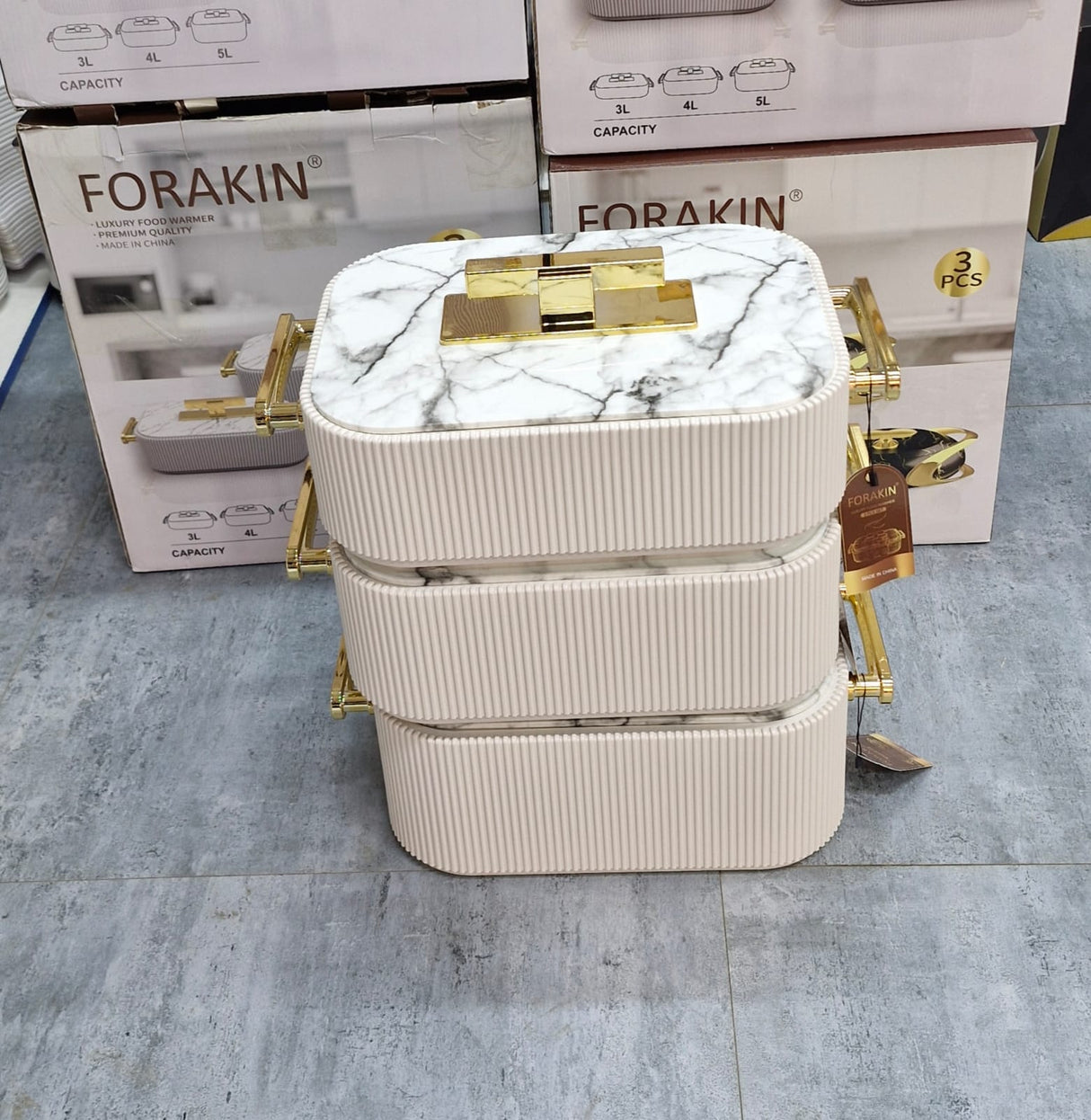 3pc Premium Ribbed Marble & Gold Insulated Hotpot Set – Double Wall Food Warmer 3L, 4L, 5L Kenya