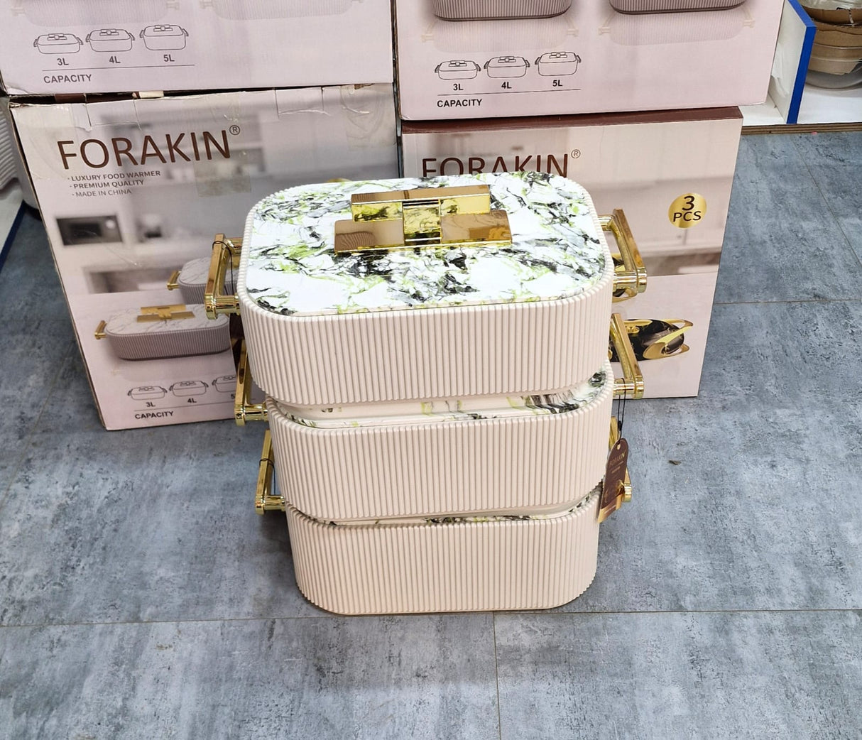 3pc Premium Ribbed Marble & Gold Insulated Hotpot Set – Double Wall Food Warmer 3L, 4L, 5L Kenya