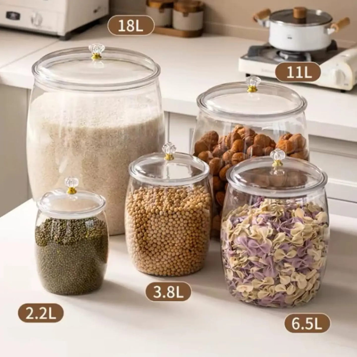 5pc Acrylic Pantry Storage Canister Set – Cereal Containers with Crystal Knob Lids, 2.2L to 18L Kenya