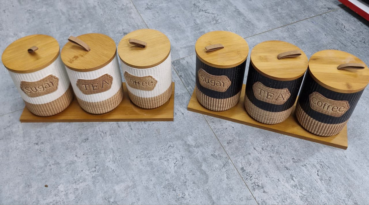 3pc Rustic Speckled Ceramic Canister Set with Wooden Tray – Tea, Coffee & Sugar Jars Kenya