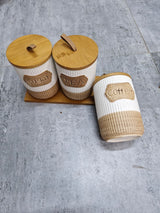 3pc Rustic Speckled Ceramic Canister Set with Wooden Tray – Tea, Coffee & Sugar Jars Kenya