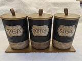 3pc Rustic Speckled Ceramic Canister Set with Wooden Tray – Tea, Coffee & Sugar Jars Kenya
