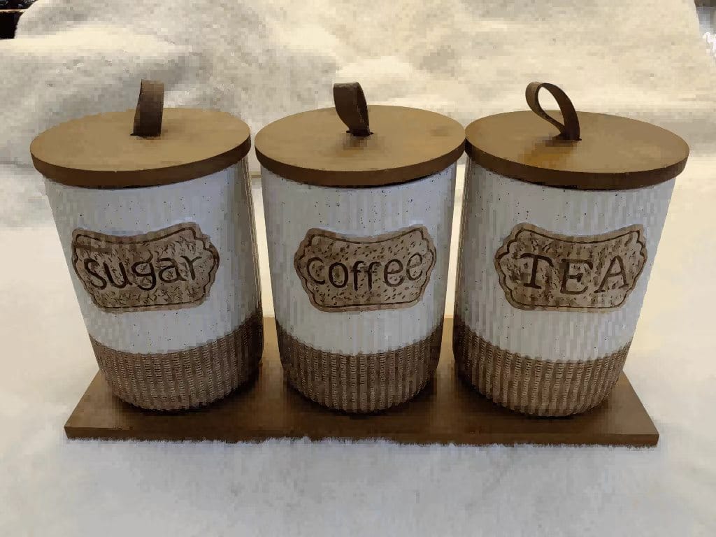 3pc Rustic Speckled Ceramic Canister Set with Wooden Tray – Tea, Coffee & Sugar Jars Kenya