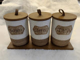 3pc Rustic Speckled Ceramic Canister Set with Wooden Tray – Tea, Coffee & Sugar Jars Kenya