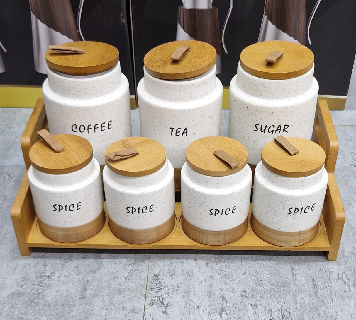 7pc White Speckled Ceramic Canister Set with Wooden Stand – Tea, Coffee, Sugar & Spice Jars Kenya
