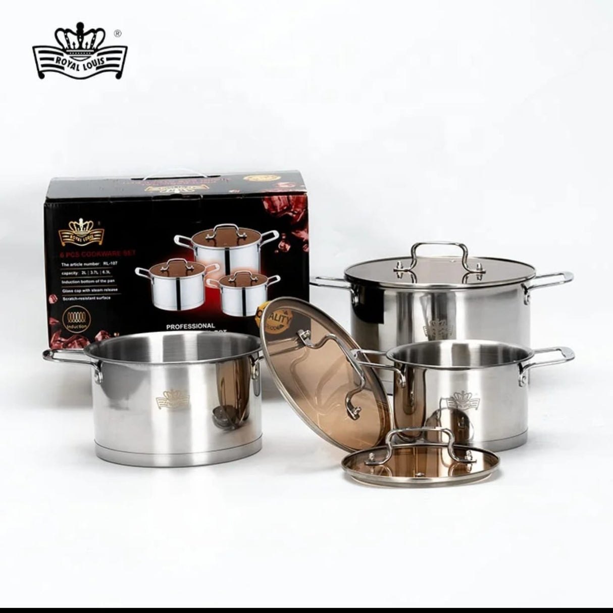 Royal Louis Stainless Steel Cookware Set 6pcs | Tempered Glass Lids Induction Pots Kenya