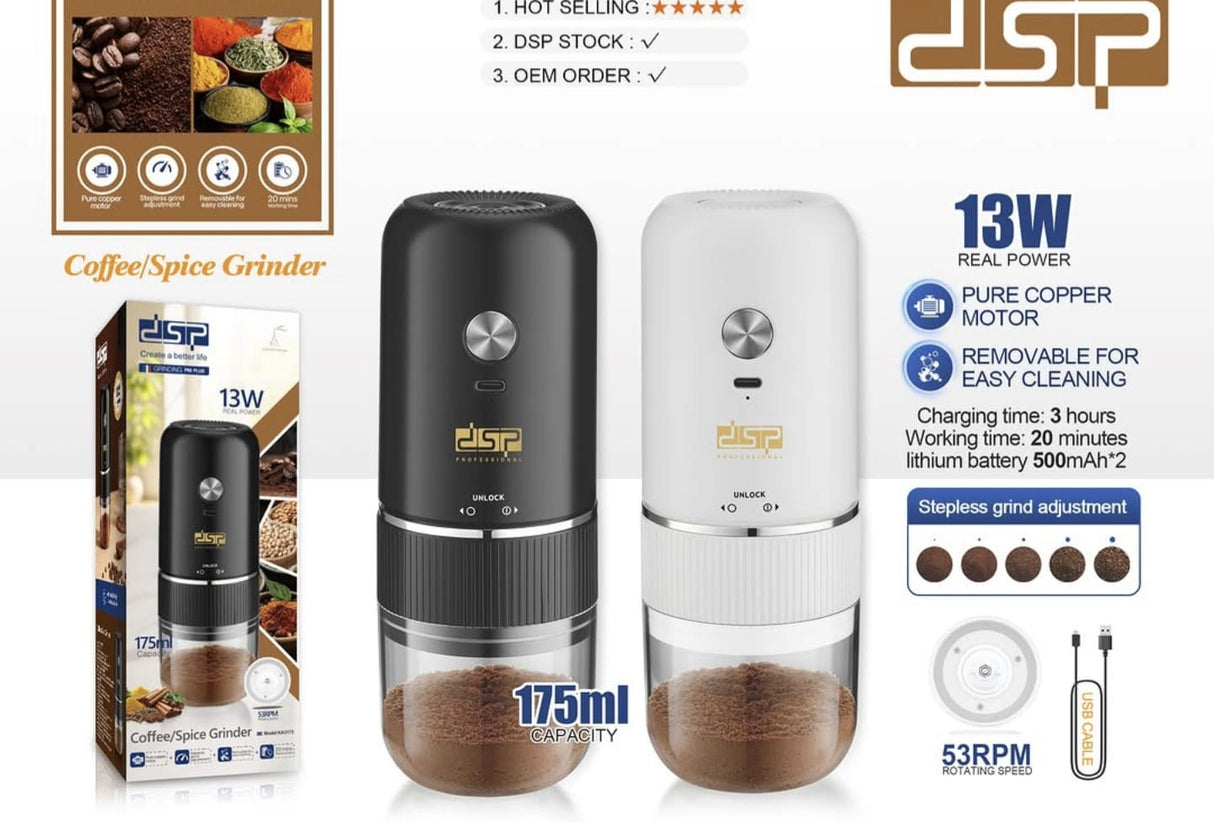 DSP Cordless Coffee & Spice Grinder – 175ml Rechargeable Electric Grinder with Stepless Coarse-to-Fine Adjustment | Kenya