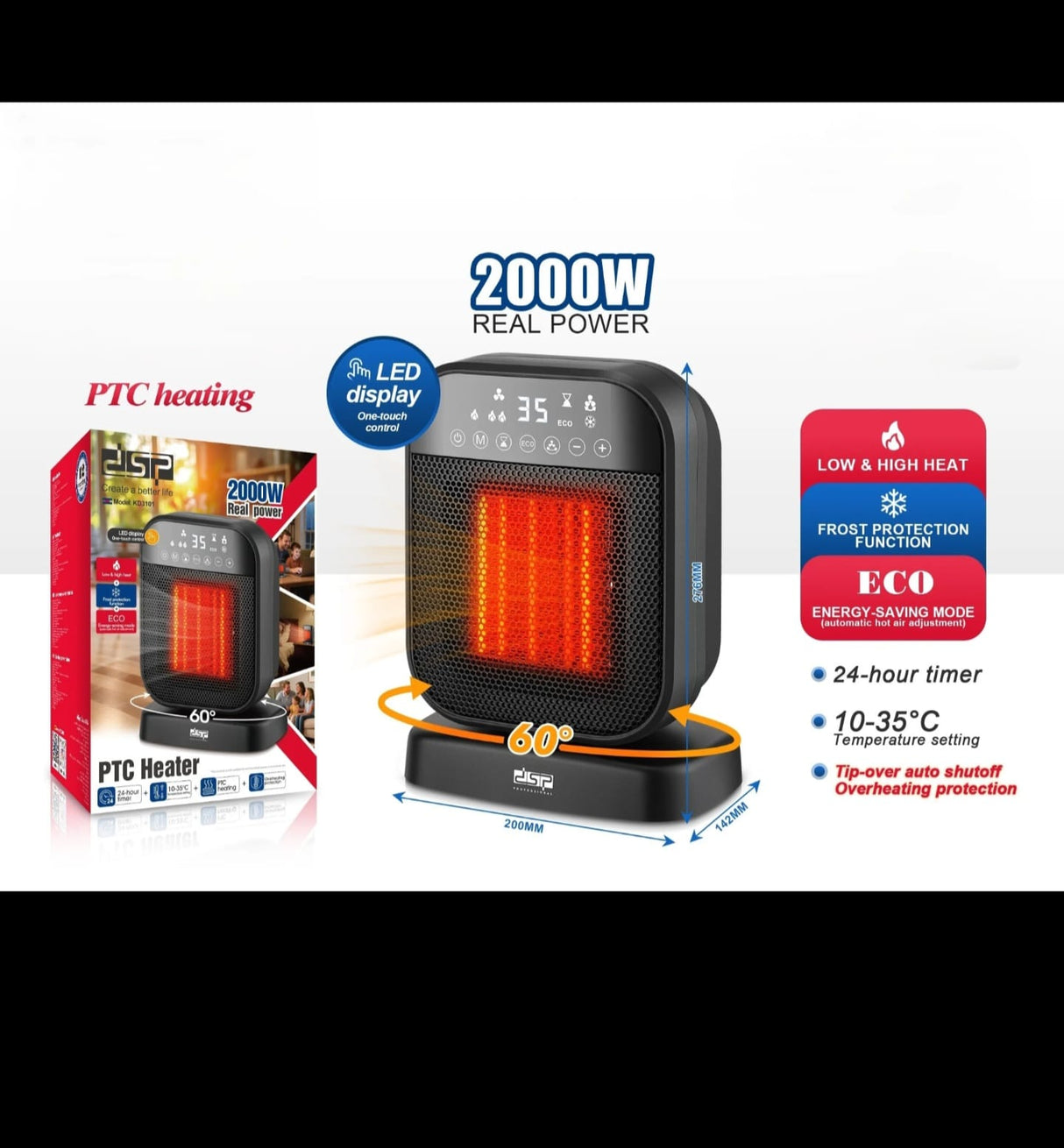 DSP 2000W PTC Tower Heater with 60° Oscillation & Remote – Ceramic Fan Heater, LED Display, 24-Hour Timer, Kenya