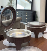 Luxury Round Chafing Dish 6L, Wooden Brown Finish, Hydraulic Soft-Close Roll-Top Lid with Glass Window