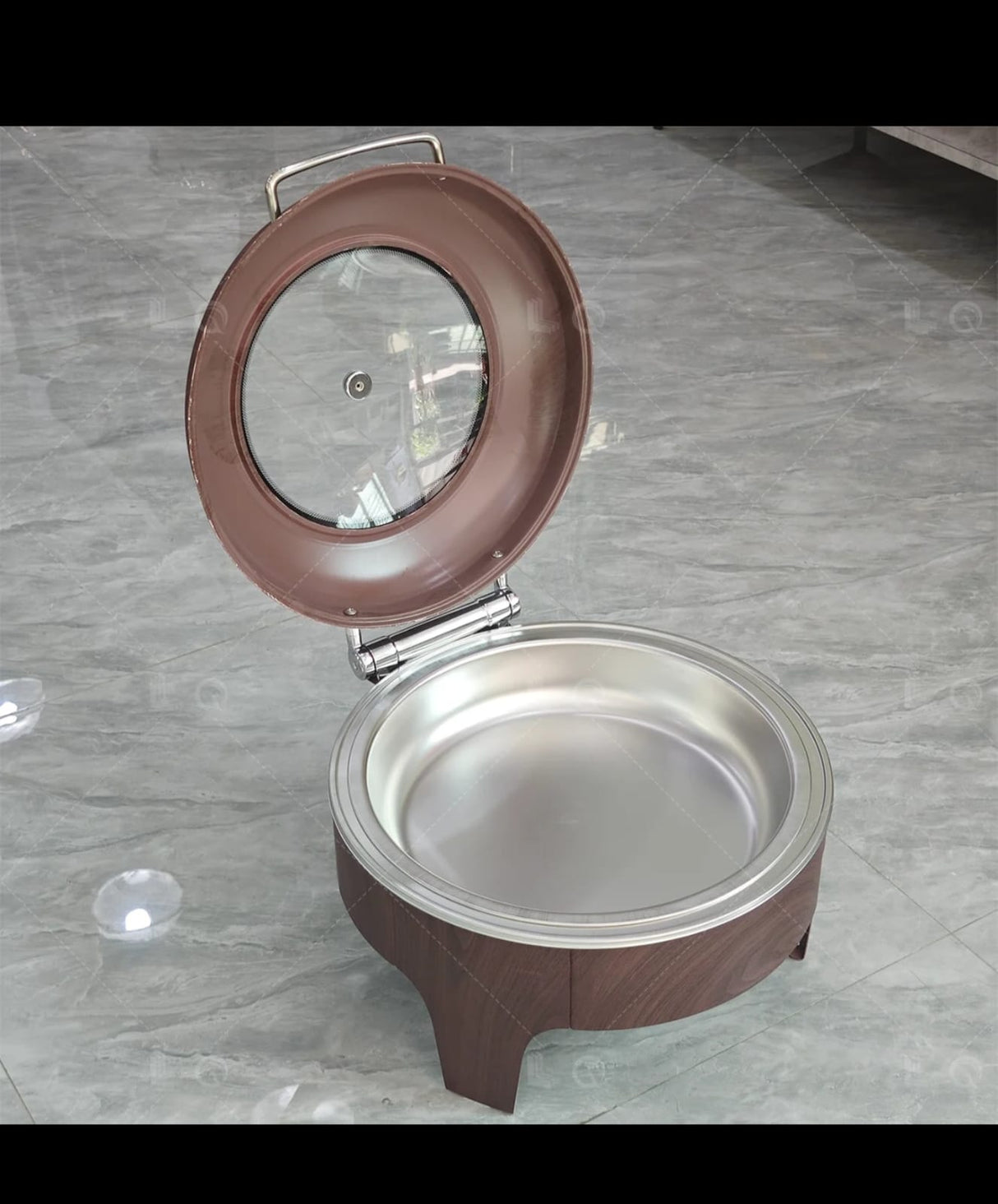 Luxury Round Chafing Dish 6L, Wooden Brown Finish, Hydraulic Soft-Close Roll-Top Lid with Glass Window