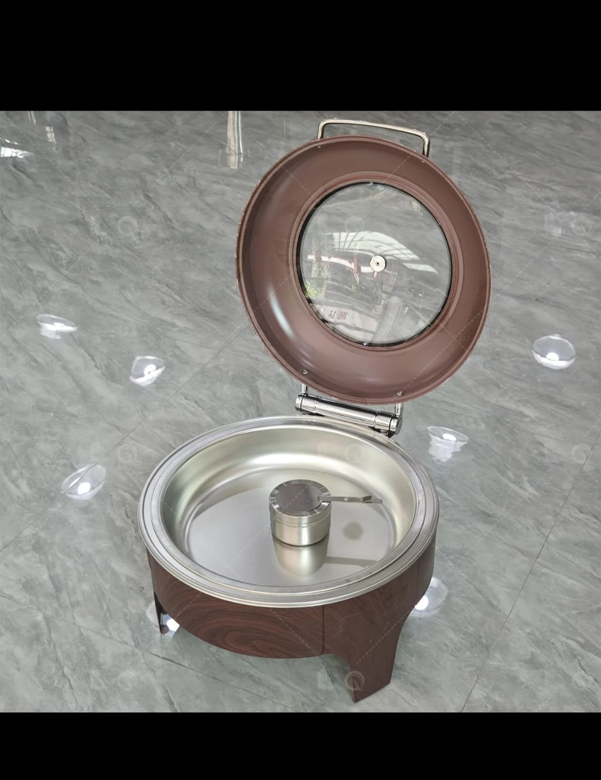 Luxury Round Chafing Dish 6L, Wooden Brown Finish, Hydraulic Soft-Close Roll-Top Lid with Glass Window