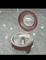 Luxury Round Chafing Dish 6L, Wooden Brown Finish, Hydraulic Soft-Close Roll-Top Lid with Glass Window