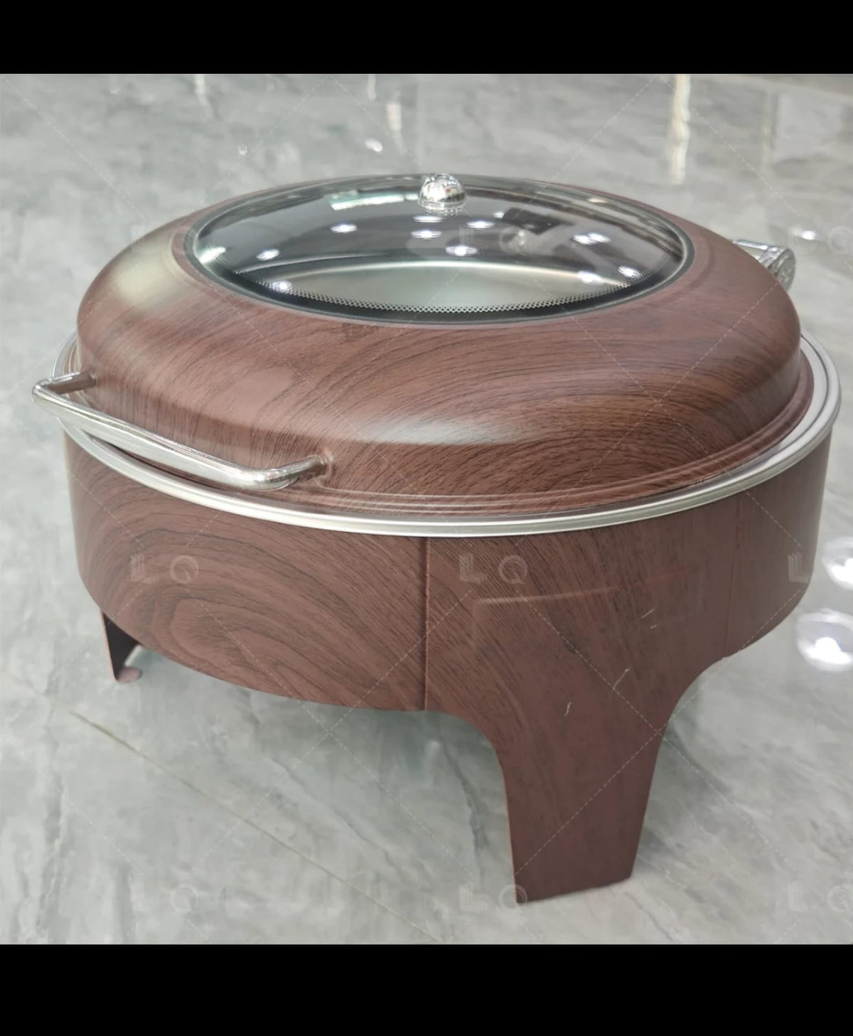 Luxury Round Chafing Dish 6L, Wooden Brown Finish, Hydraulic Soft-Close Roll-Top Lid with Glass Window