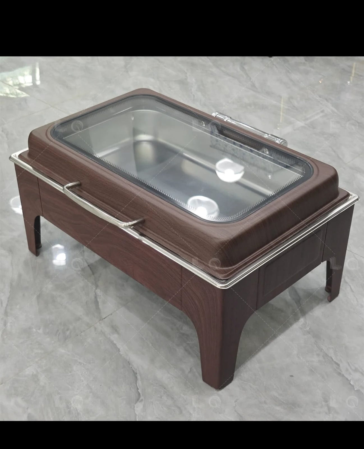 Luxury Round Chafing Dish 6L, Wooden Brown Finish, Hydraulic Soft-Close Roll-Top Lid with Glass Window