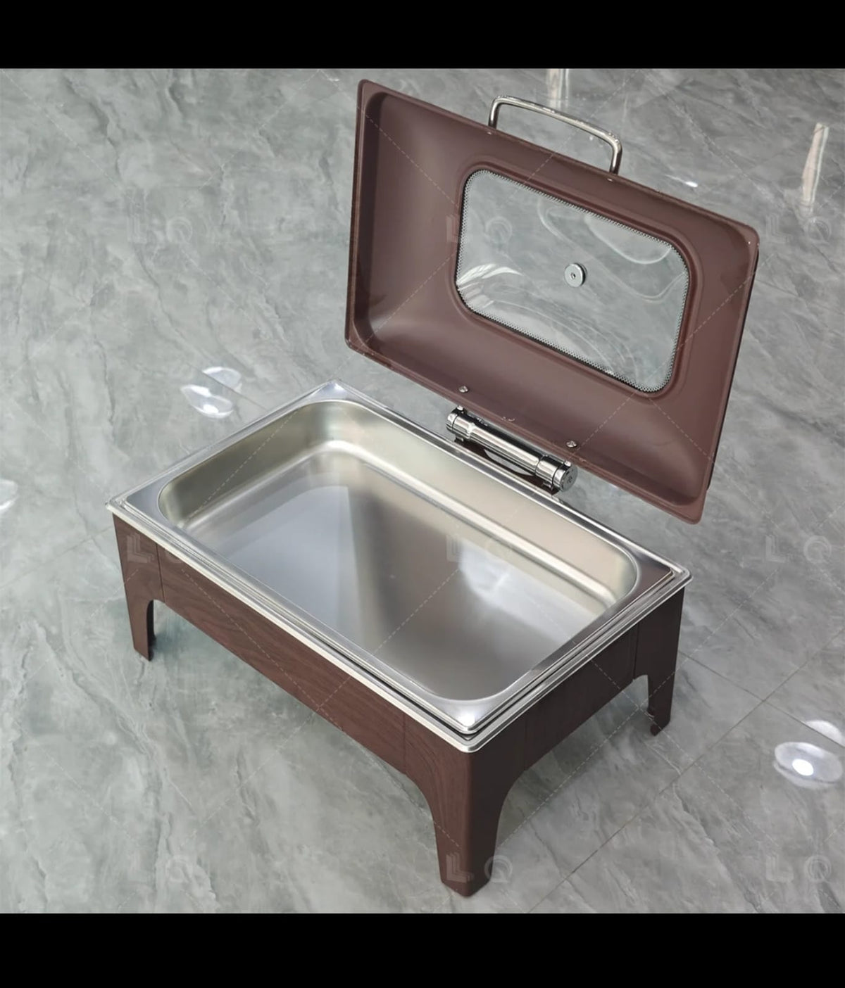 Luxury Round Chafing Dish 6L, Wooden Brown Finish, Hydraulic Soft-Close Roll-Top Lid with Glass Window