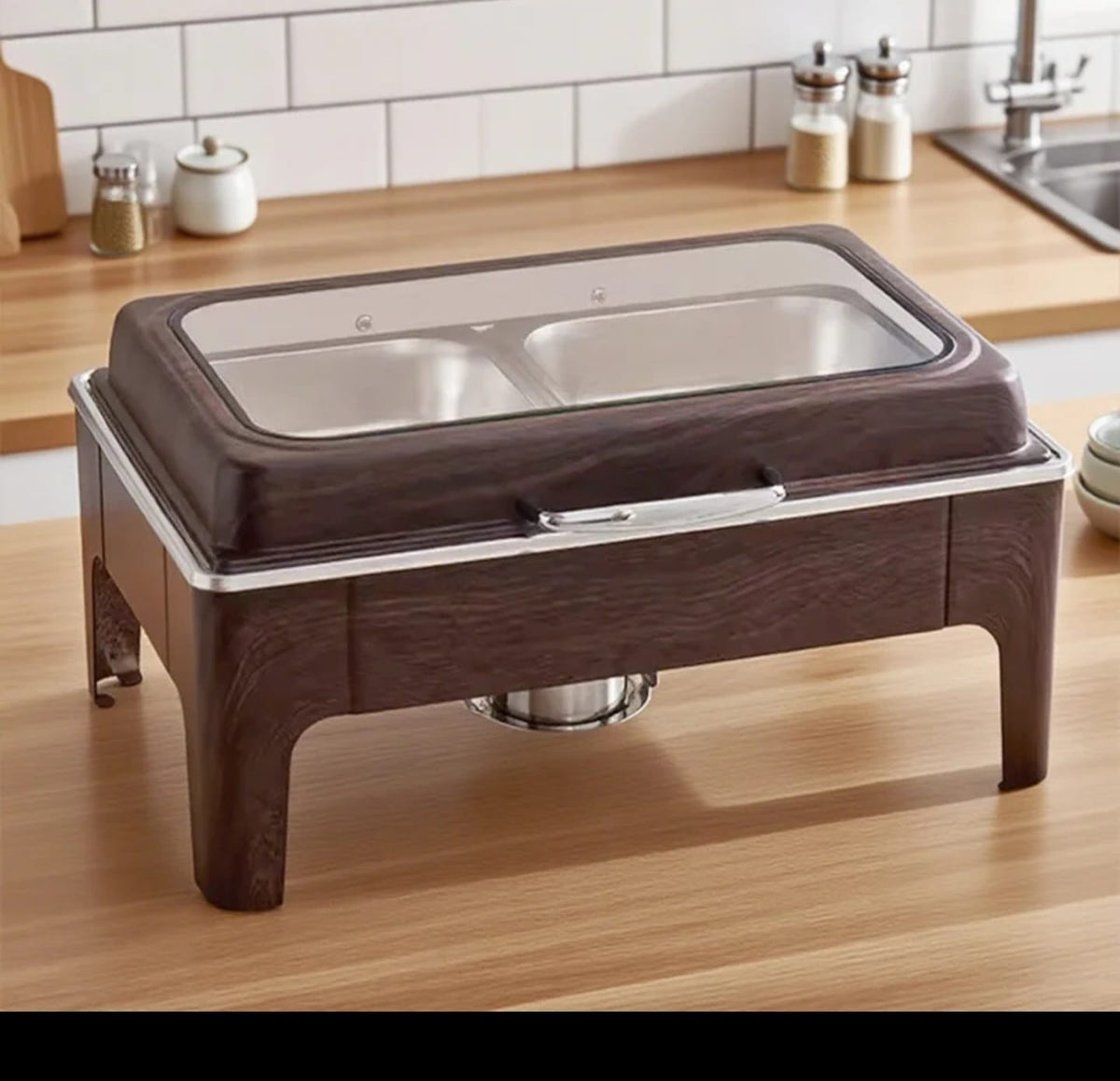 Luxury Round Chafing Dish 6L, Wooden Brown Finish, Hydraulic Soft-Close Roll-Top Lid with Glass Window