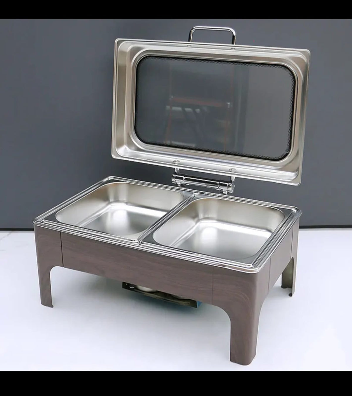 Luxury Round Chafing Dish 6L, Wooden Brown Finish, Hydraulic Soft-Close Roll-Top Lid with Glass Window