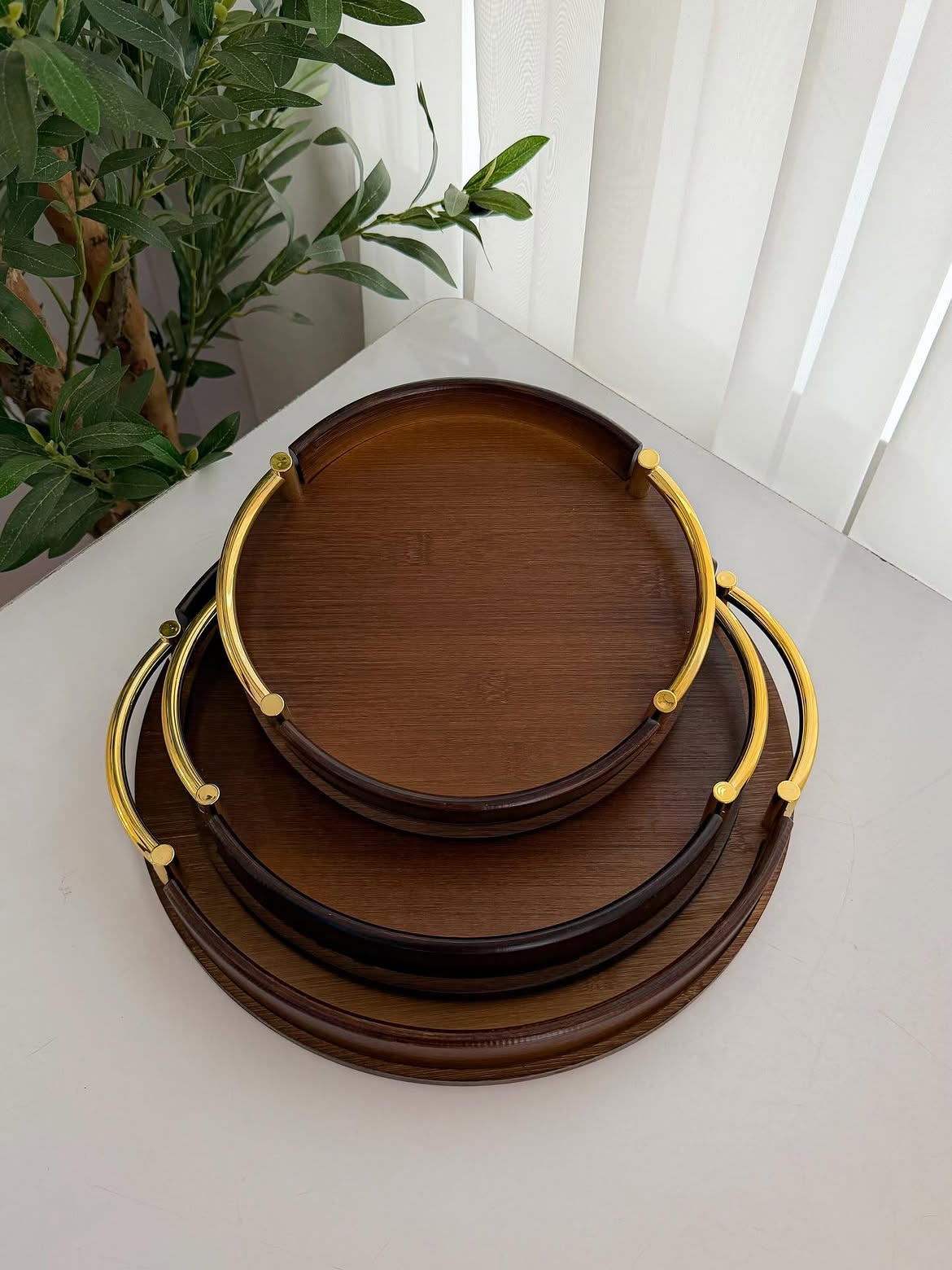 Bamboo Serving Tray Set of 3 – Rectangular with Metal Handles