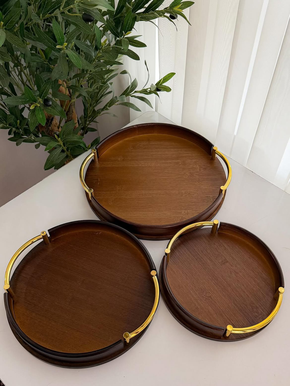 Bamboo Serving Tray Set of 3 – Rectangular with Metal Handles