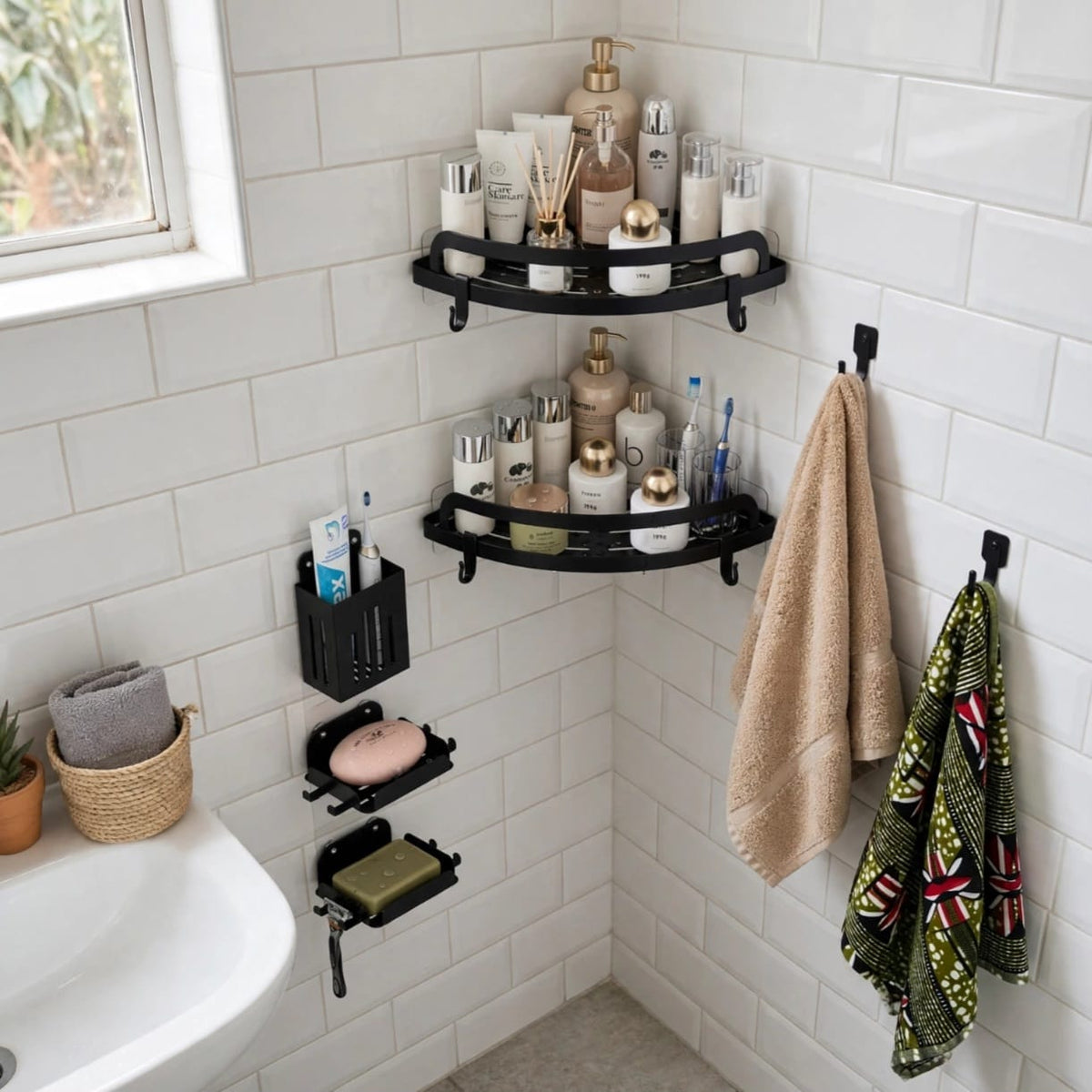 5-Piece Corner Shower Caddy Set - No-Drill Adhesive Bathroom Shelves & Wall Organizer Kenya