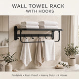 Wall Mounted Foldable Towel Rack with Shelf & 5 Hooks - Matte Black Aluminium Bathroom Organizer Kenya